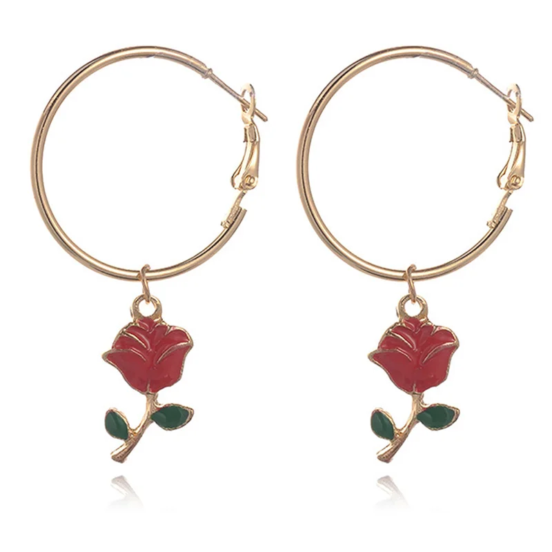 

2019 Charms Rose Flower Crystal Hoop Earrings For Woman Cute Glaze Plant Earring Girl Gold Color Party Jewelry