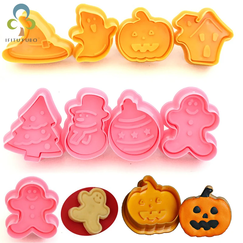 

4Pcs/set Plastic Christmas Christmas Tree Halloween Pumpkin Ghost Theme Cookie Cutter Plunger Fondant Chocolate Mold RQX