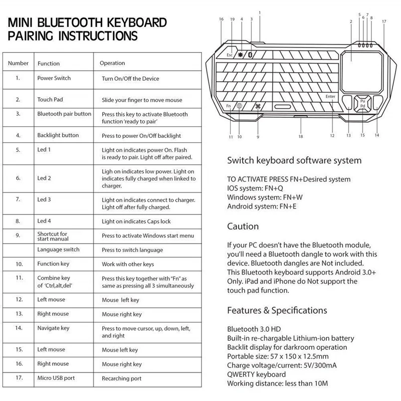 Qwerty Bluetooth мини клавиатура контроллер с тачпадом для IOS Android Windows PC PS3 Tab
