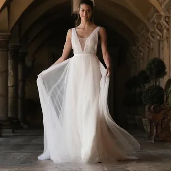 

LORIE Boho Wedding Dress 2019 A Line Tulle Long Backless White Beach Wedding Dress Tulle V Neck Pleats Princess Bride Dress 2019