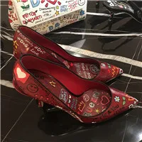 Уникальные высокие каблуки-шпильки с рисунком каракули; женская обувь с острым носком; Zapatos; женские туфли-лодочки белого и красного цвета - Цвет: Red Heel 8cm