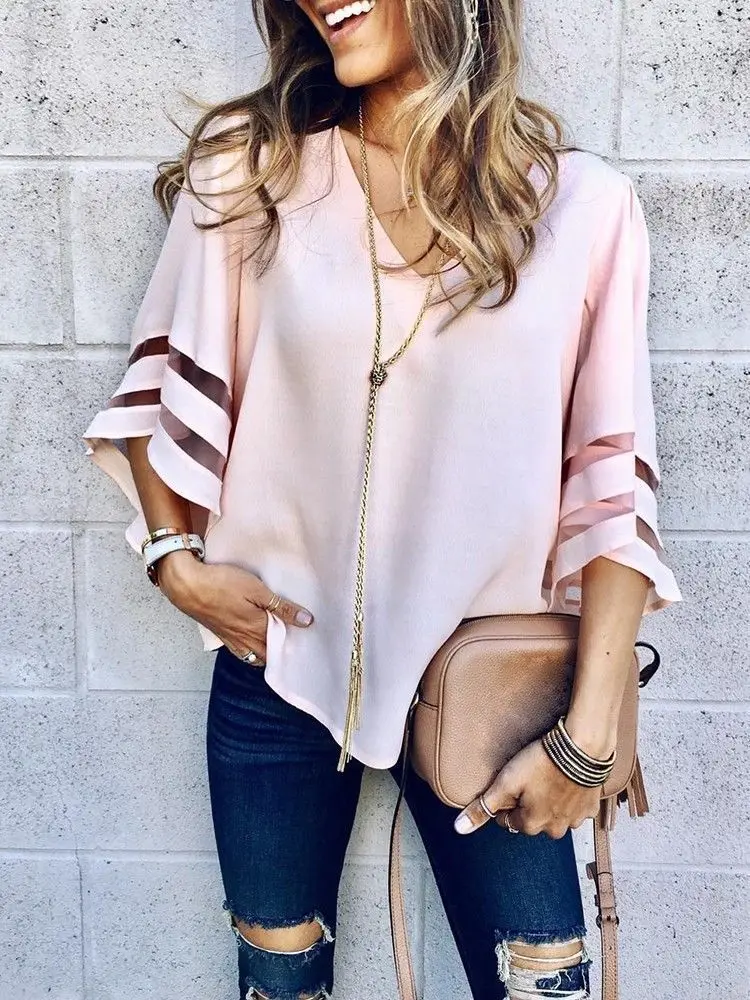 

Women Casual Loose V Neck Chiffon Blouse Fashion Women Lady Summer Half Sleeve Solid Shirt Tops blusas mujer femme
