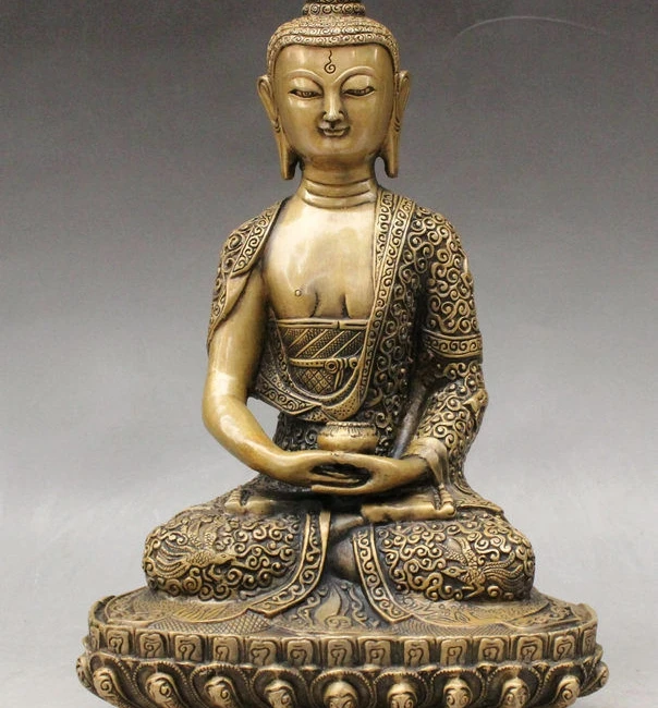 

12" Tibet Buddhism Bronze Dragon Robe Sakyamuni Shakyamuni Buddha Bowl Statue