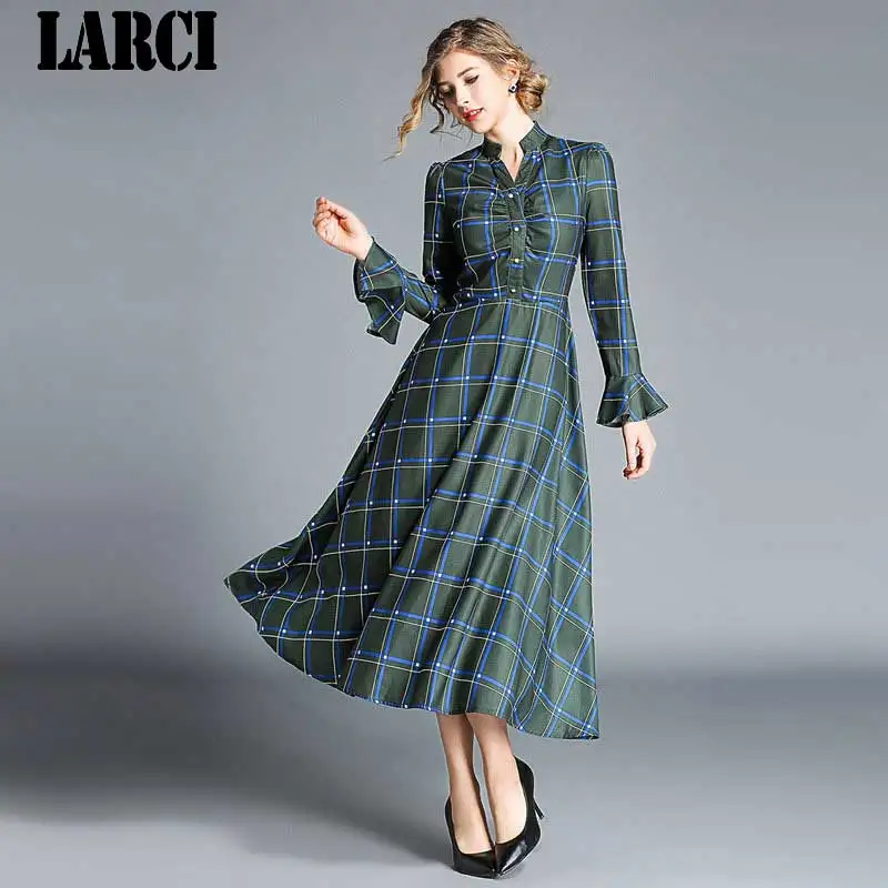 LARCI высокое качество Для женщин Винтаж плед офисные платье 2018 Новый Осень