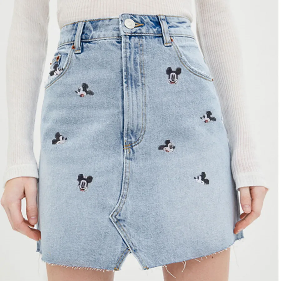 Günstige Welken 2019 denim röcke frauen vintage nette cartoon maus stickerei hohe taille a line mini grate denim rock frauen plus größe