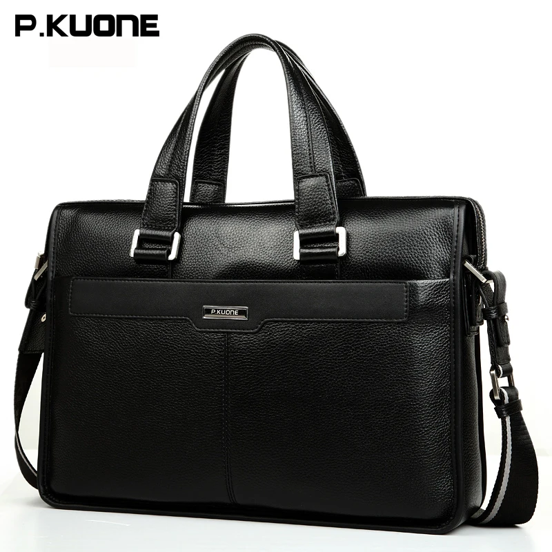 P.KUONE Brown Black Men Genuine Leather Briefcase Brand Cow Leather Handbag Crossbody Laptop Bag  Men's Shoulder Messenger Bags