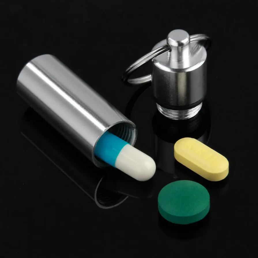 

1pc OR 2 PCS key holder Aluminum Waterproof Pill Shaped Box Bottle Holder Container Keychain medicine Keyring keychain box