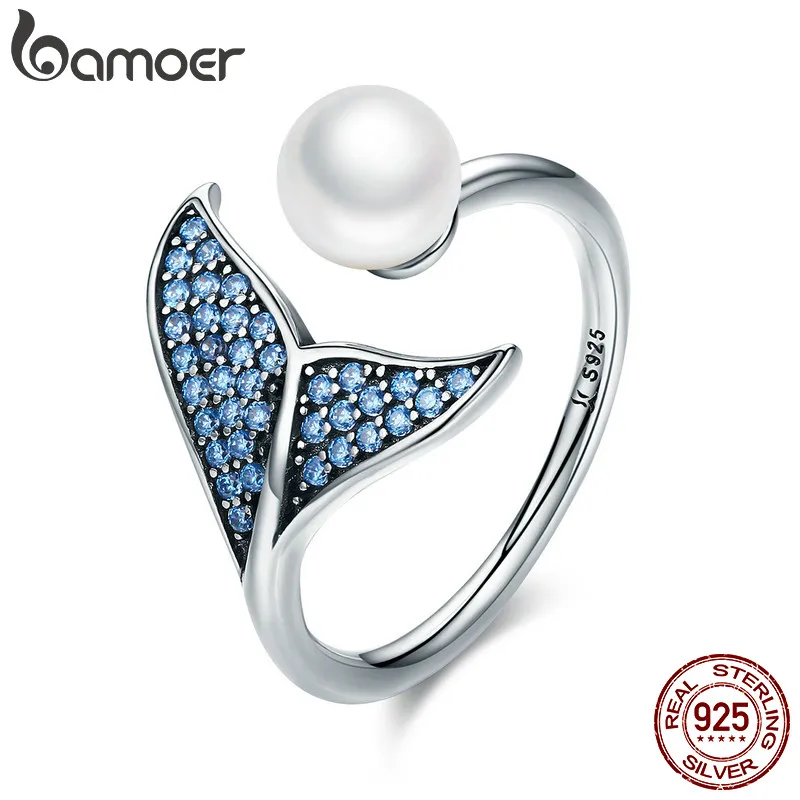 BAMOER Authentic 925 Sterling Silver Adjustable Dolphin Tail Blue CZ Finger Rings for Women Sterling Silver Jewelry Gift SCR286