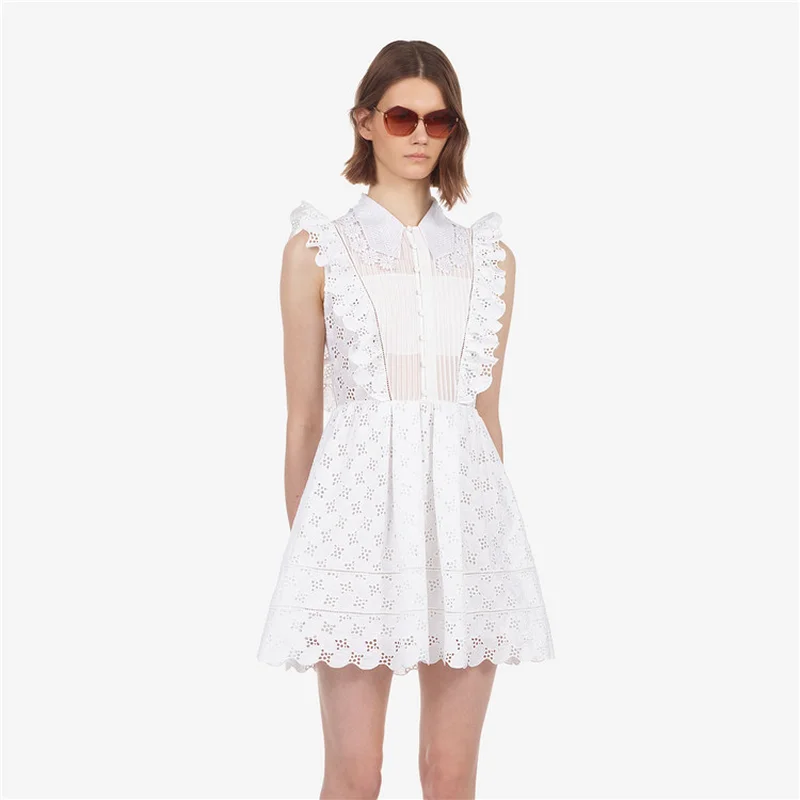 

New Self Portrait Dress Women Lace Sexy Hollow Out 2019 Summer Feminine Mini Aline Dresses Tank Peter Pan Collar Buttons Vestido