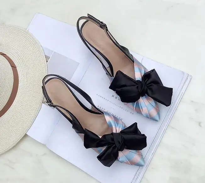 

Fashion Summer Shoes For Woman in Thin Heel with Butterfly knot Gingham Pattern Sexy Pointed toe Buckle Ankle Strap