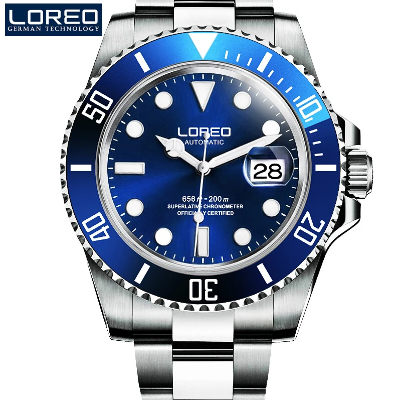 

LOREO Germany watches men luxury brand Diver 200M automatic mechanical watch army Milan luminous gray relogio masculino PO04