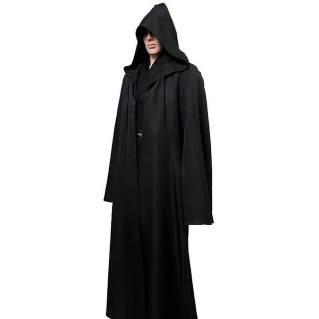man in black hooded cloak with lower face showing