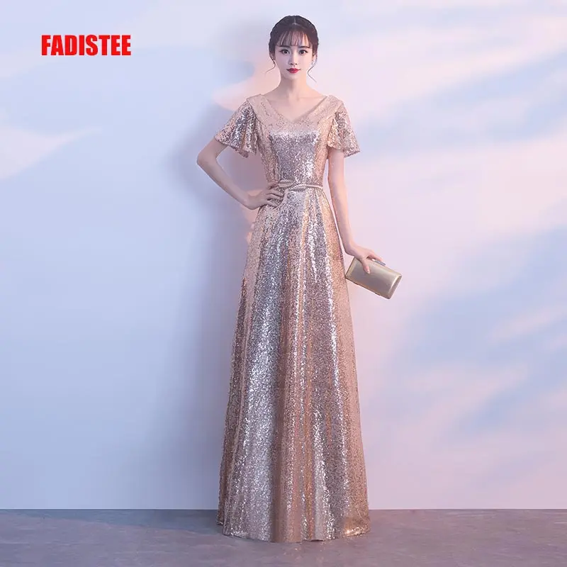 FADISTEE/осеннее блестящее милое вечернее платье с v-образным вырезом, длинное черное платье, простое платье, сексуальное платье с расклешенными рукавами - Цвет: Золотой
