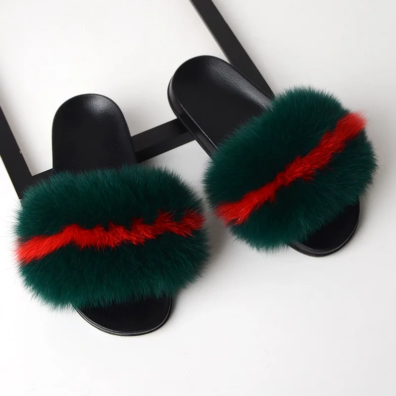 

2019 Real Fox Fur Slippers Women Summer House Fur Slides Shoes Sandals Flat Indoor Slippers Cute Fluffy Luxury Ladies Slippers