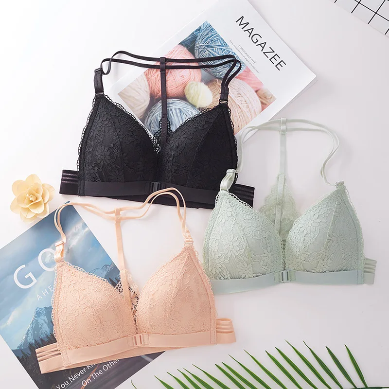 

Fashion Sexy Bra Push Up Bra Front Closure Bras For Women Butterfly Racer back Brassiere Small Breast Push Up Lace Y Shape Bras