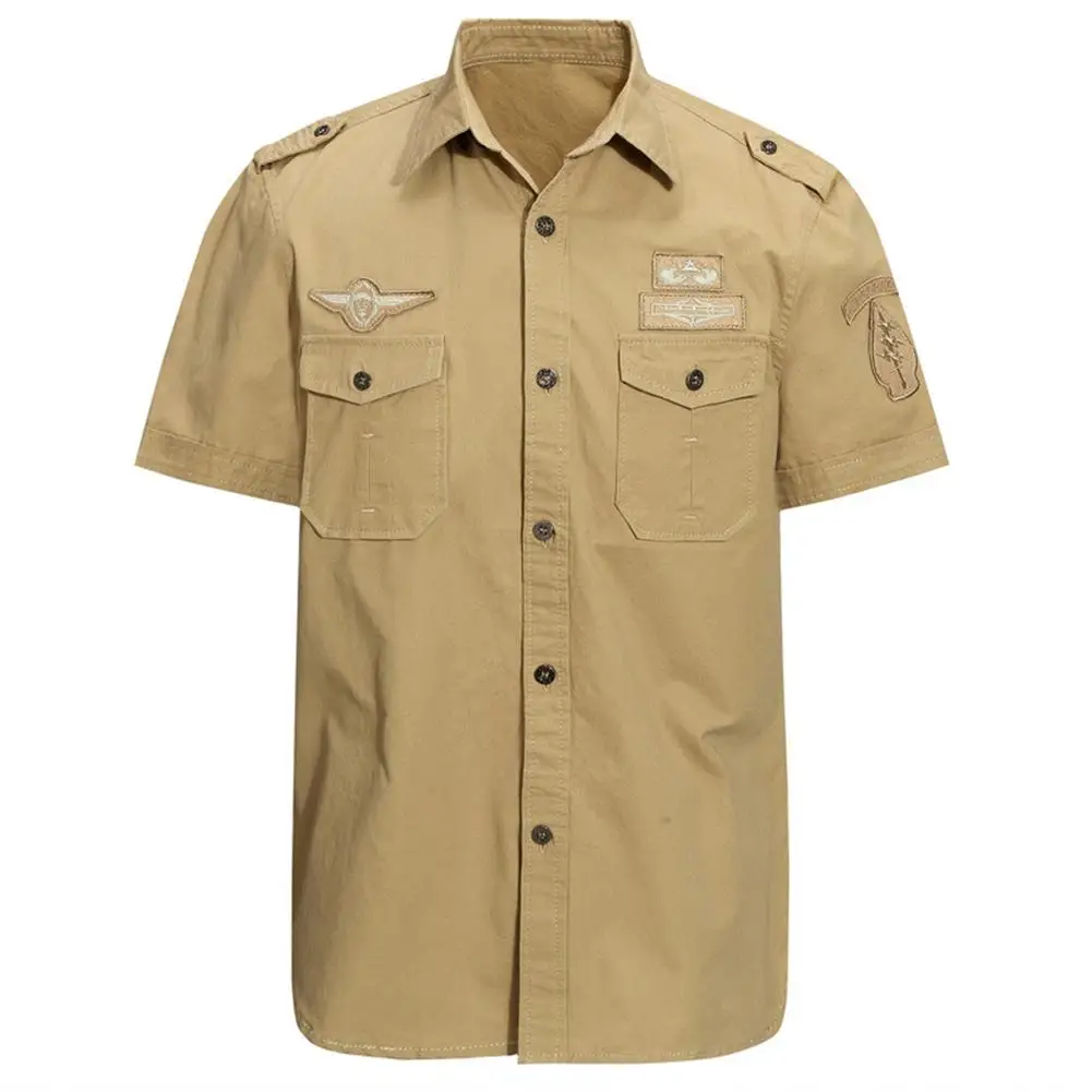 2019 плюс размеры Военная униформа для мужчин Твердые цветная нашивка карман Кнопка подпушка рубашка с короткими рукавами