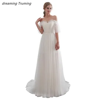 

2019 Beach Bohemian Wedding Dress White Ivory Open Back A Line Off The Shoulder See Through Elegant Bridal Dresses Wedding Gown