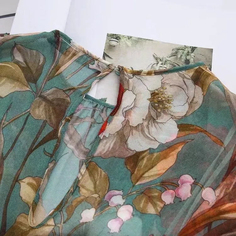 Винтажное шифоновое платье с цветочным принтом для женщин, Модный комплект из двух предметов, платья с длинным рукавом и эластичной резинкой на талии, повседневные женские платья