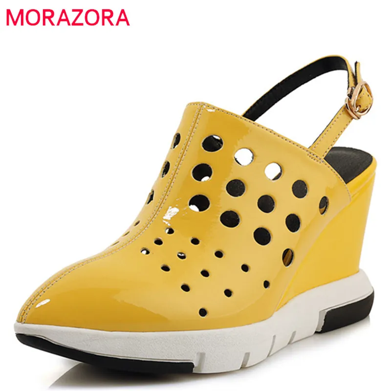 

MORAZORA 2019 new fashion style women pumps patent leather summer shoes hollow out buckle wedges platform shoes woman