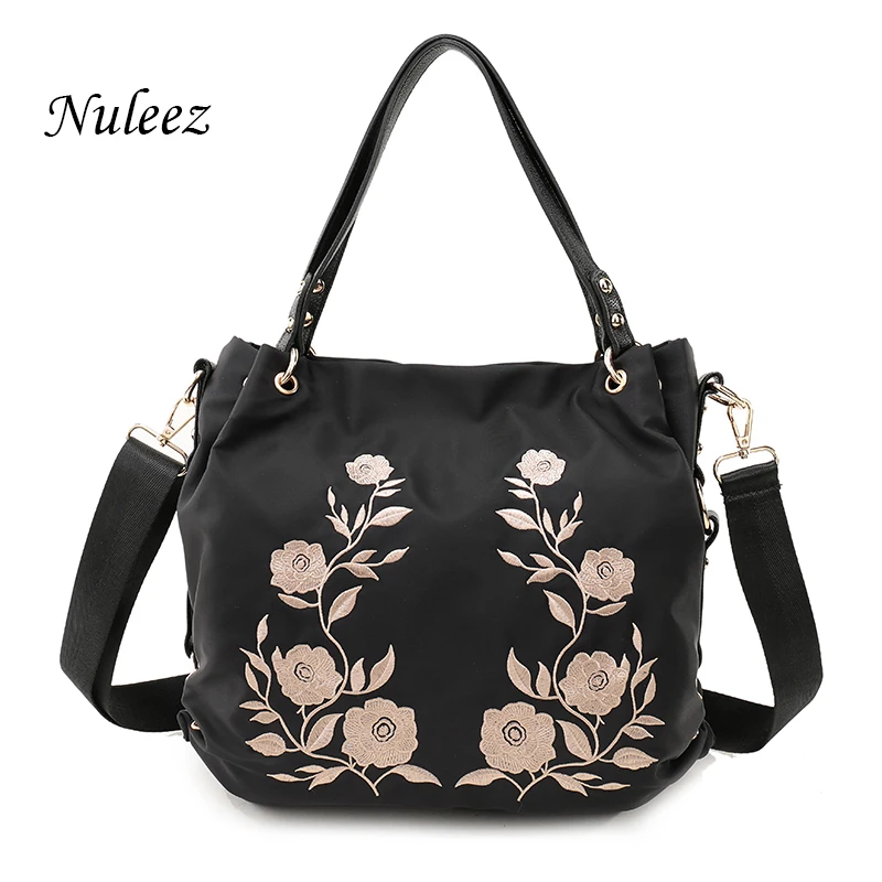 Nuleez Waterproof Embroidery Nylon Bag Black Casual Women Tote Bag