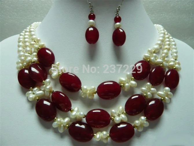 

Wholesale price FREE SHIPPING a^3 Rows Real White Pearl Red Agate 18KGP Clasp Pendant Necklace Earrings Set (A0423)