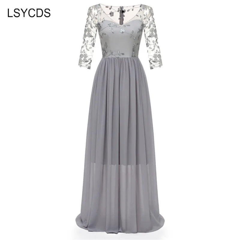 

2023 Embroidery Mesh Maxi Women Dresses V-Neck 3/4 Sleeve Vintage Dress Apricot Evening Party Floral Chiffon Long Elegant Dress