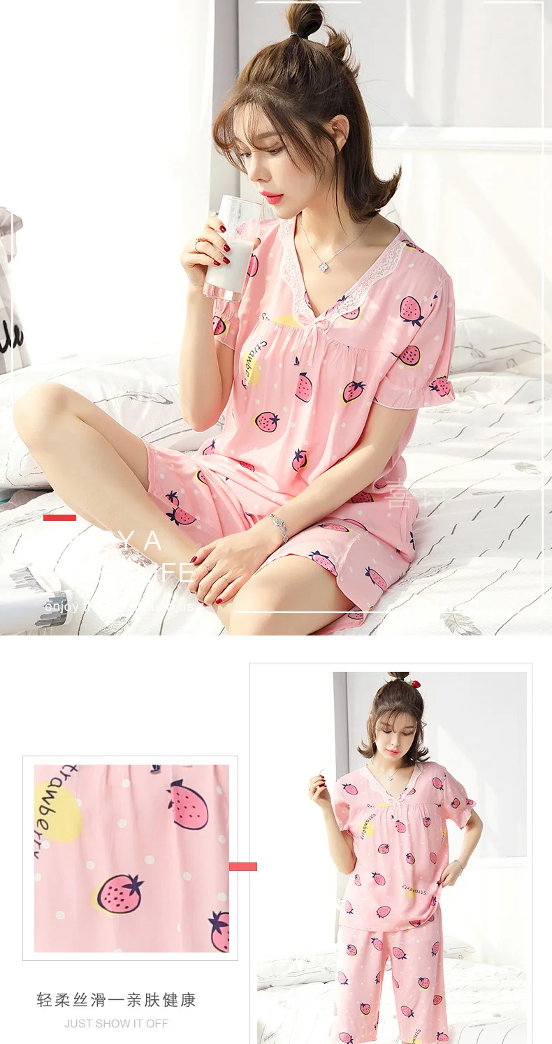 Лето 2019 пижамы женские удобные v-образный вырез с коротким рукавом шорты 2 шт. комплект кружева принт Милая свободная одежда пижамный