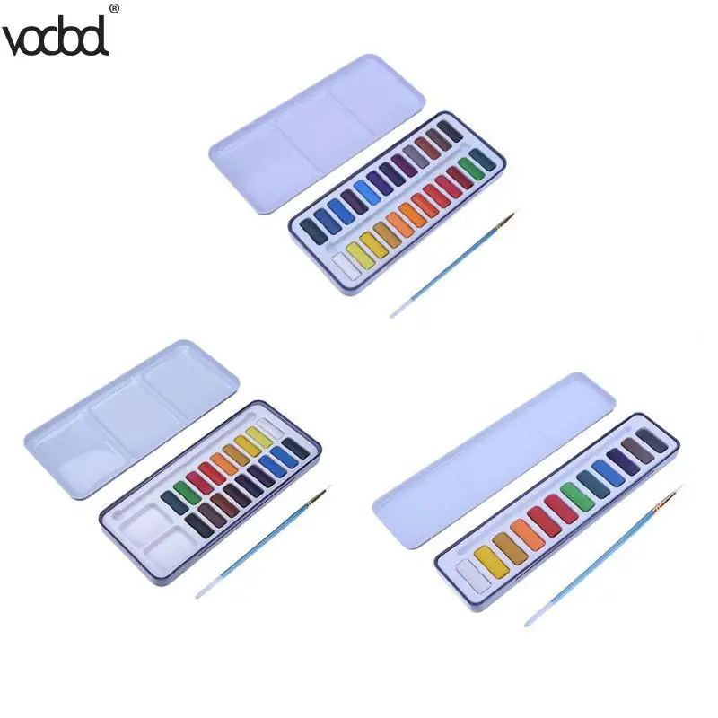

12 Color / 18 Color Solid Watercolor Pigment Set with Paintbrush Metal Box Painting Drawing Tool School Stationery Art Supplies