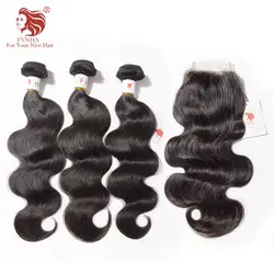 [FYNHA] перуанский Девы человеческих волос объемной волна Weave 3 Связки с закрытием кружева расширения