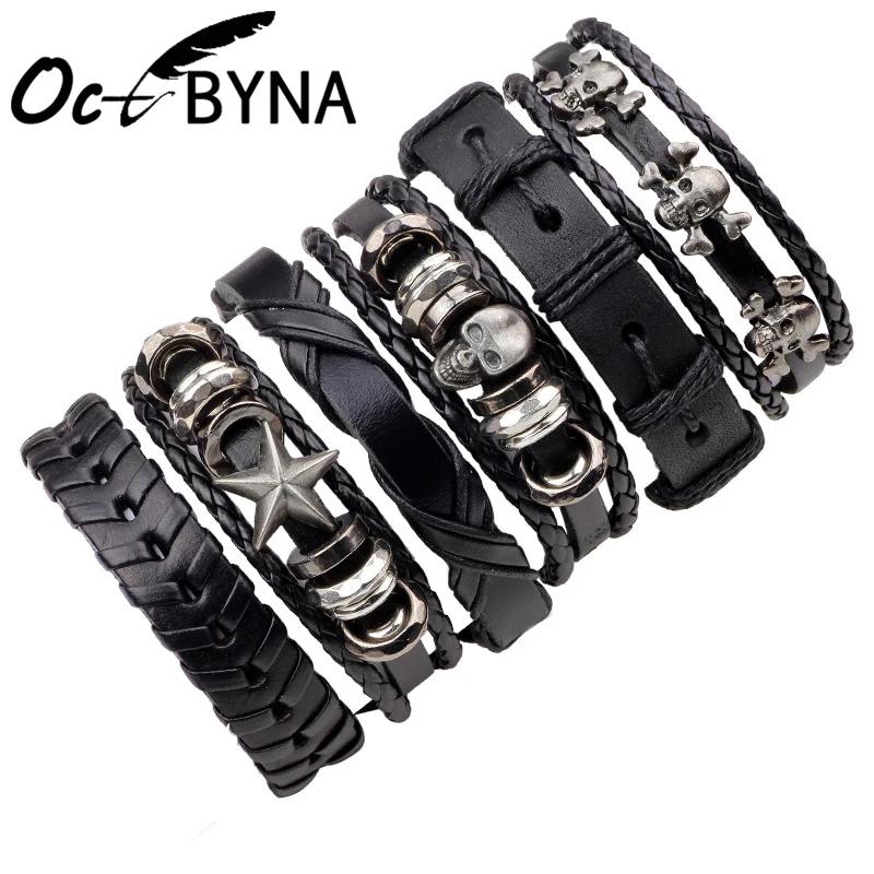

Octbyna Retro Leather Rope Bracelet Men Multilayer Punk Skull Charm Wrap Bracelets For Women Vintage Bracelets Male Jewelry