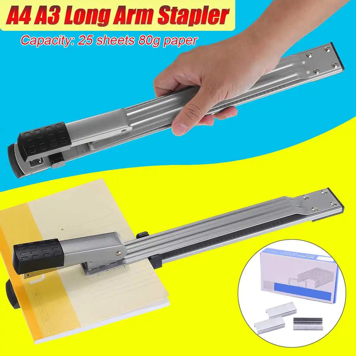 A3/A4 Long Arm Stapler Metal Home Office Capacity 25 Sheets Paper Stapling 