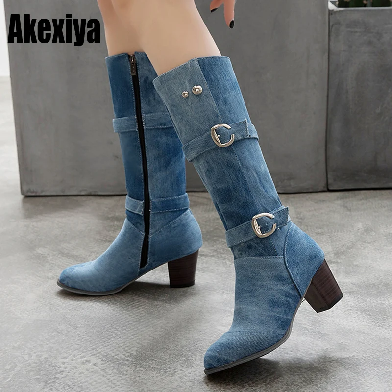 

Boots Women Buckle thick high heels winter boots zip fashion blue denim booties western cowboy jeans botas mujer k202