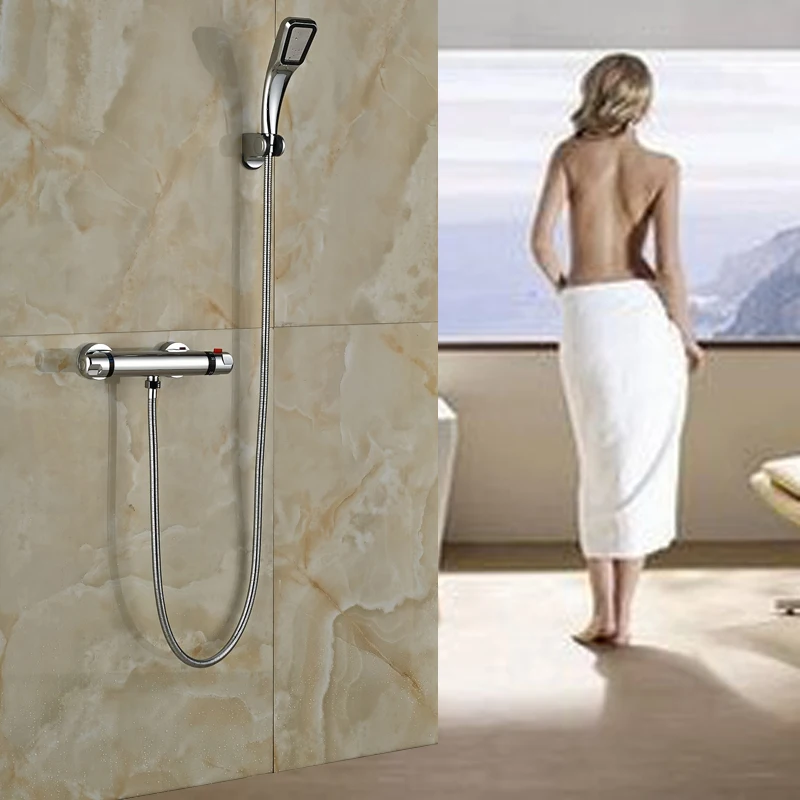 

Luxury Double Handle Thermostatic Shower Mixers Handheld Bathroom Shower Faucet Chrome Finish