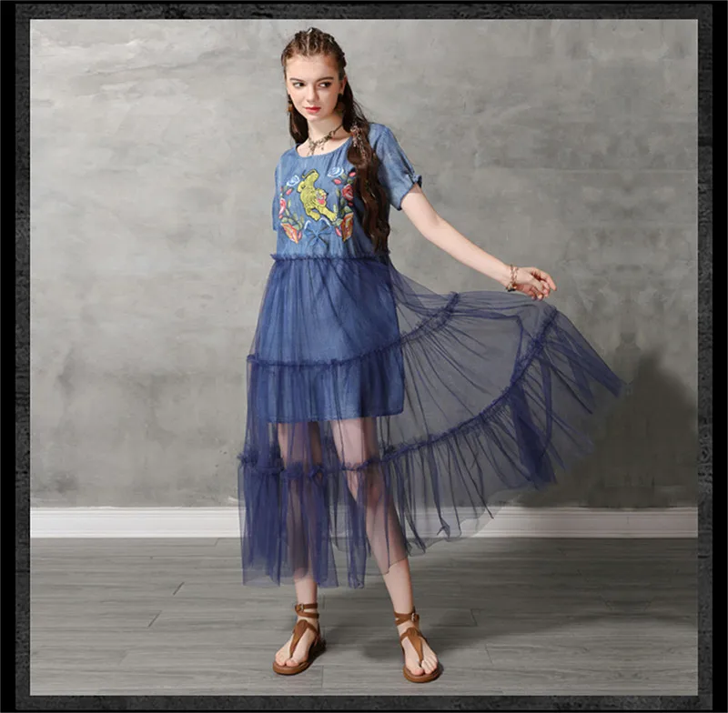 Summer Sexy Mesh Dress 2019 Vintage Women Denim Dresses Tiger Embroidery Chiffon Patchwork Vestido O-neck Dress KE82176 (10)