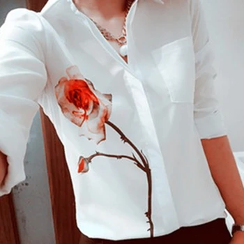 

2019 Autumn Women Rose Flower Printed Long Sleeve Blouse Female Turn Down Collar Tops Shirts White Ladies Clothes Plus Size