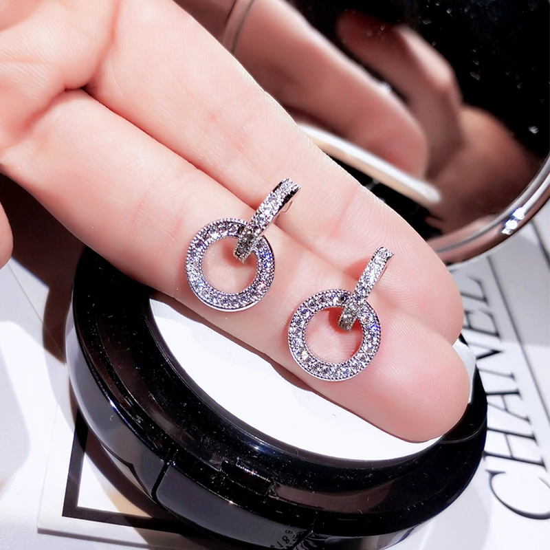 

Luxury Simple Round Stud Earrings Wedding Party Silver 925 Jewelry with CZ Zircon Stone Statement Earring For Women Bijoux