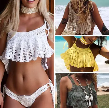 

Women Crochet Cotton Sexy Bikini Cape For A Swimsuit Beach Handmade Cover Up Swimwear Hollow-Out Halter Top