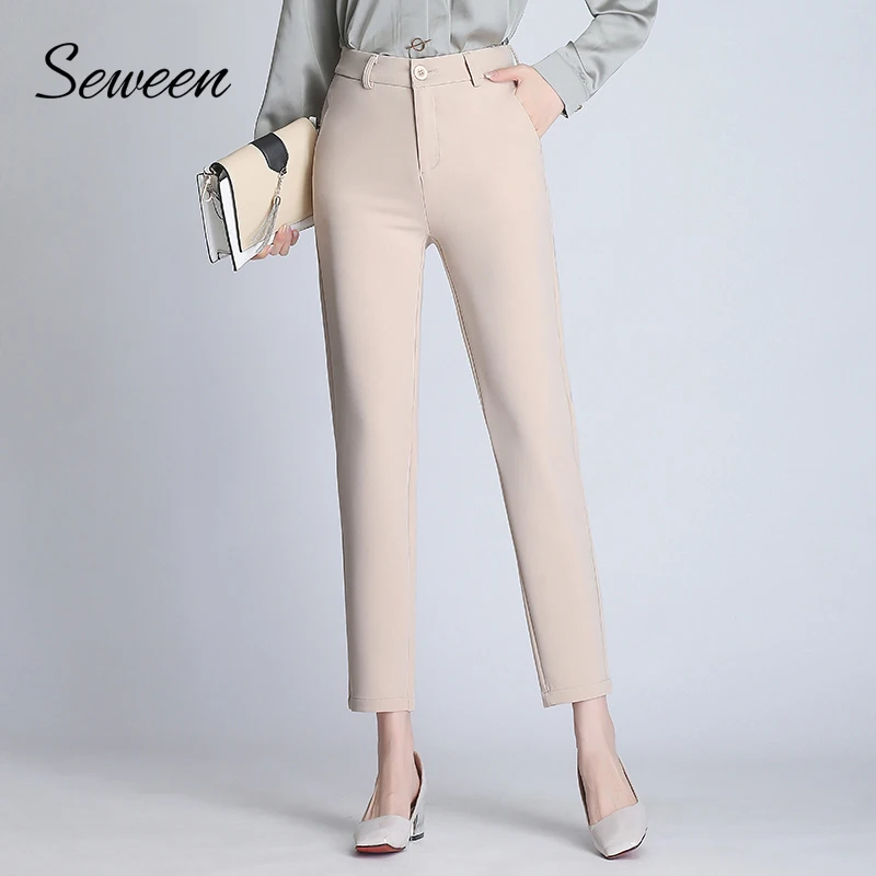 

Korean Office Pants Women 2018 Autumn OL Ladies Trousers High Waist Solid Long Pants For Women 3XL Plus Size White Black Camel