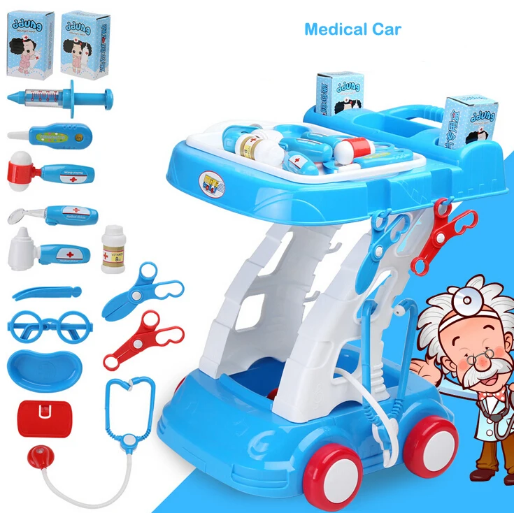

Kid Pretend Play Toy ABS Plastic Health Makeup Medical Car Kit With Sound and light Hair Dryer Stethoscope Funny For Boy Girl