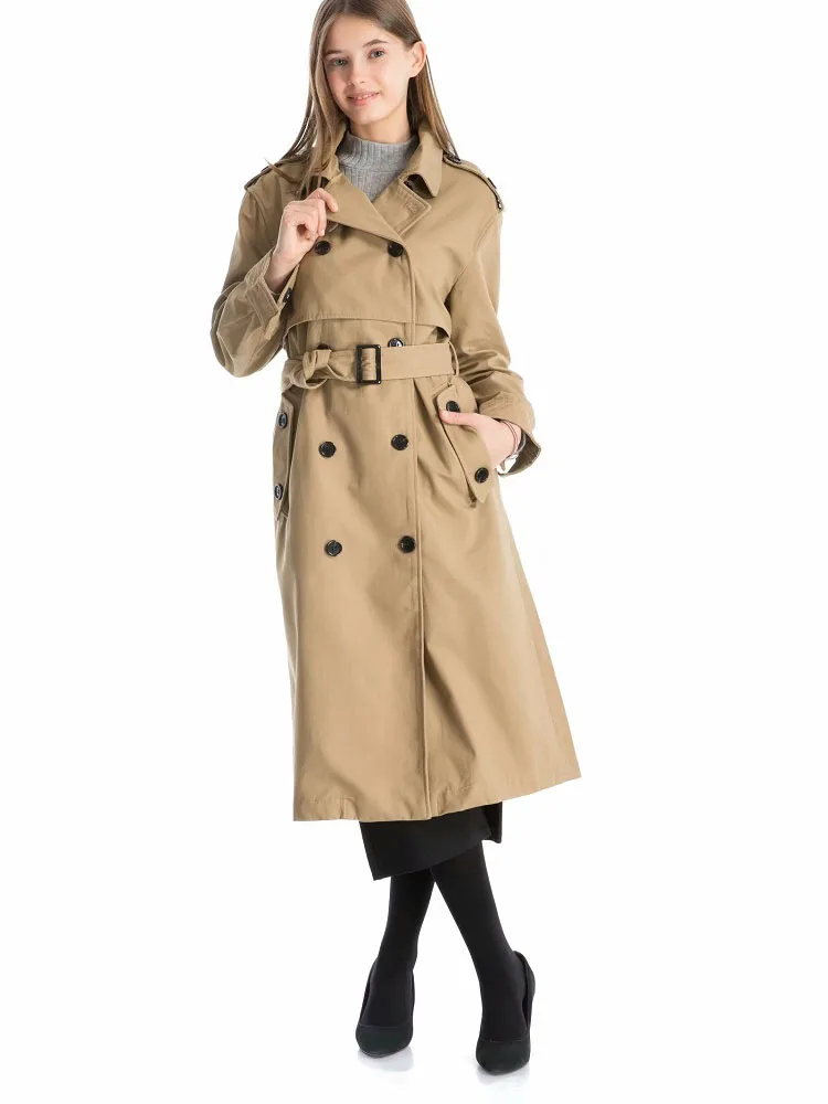 

2019 Spring Women Khaki Trench Elegant Ladies Double Breasted Long Windbreaker Coat