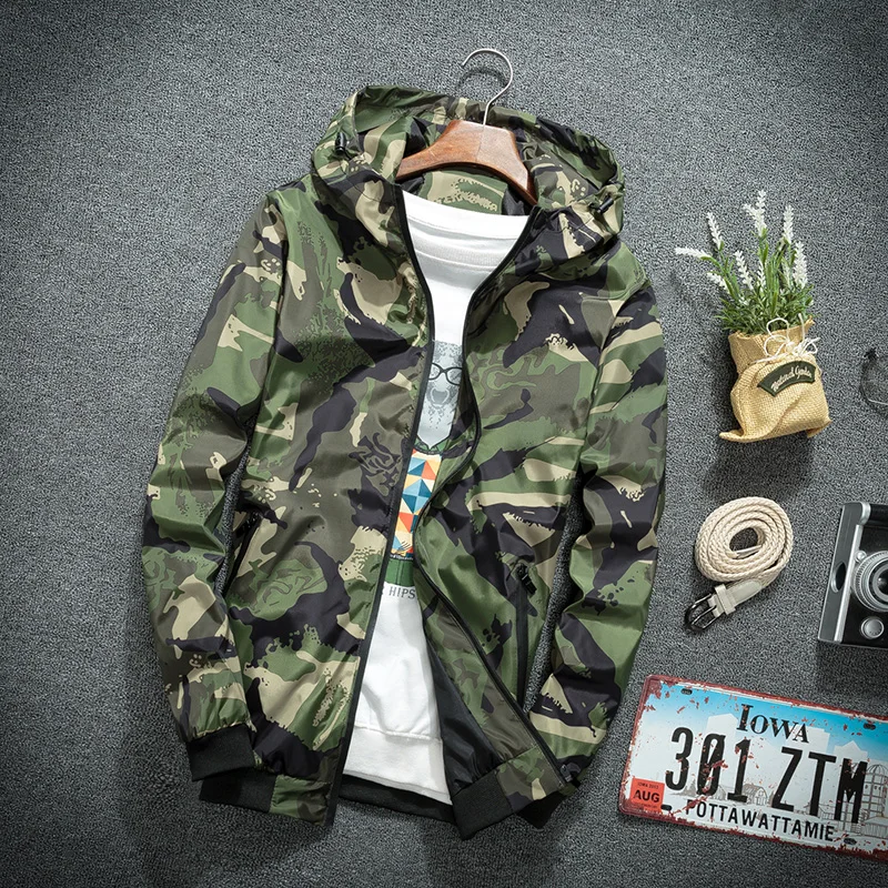 Spring Autumn Camouflage Tactical Jackets Men Fashion Hooded Bomber Coat Slim Fit Male Windbreaker Casual Outerwear Clothing 4XL