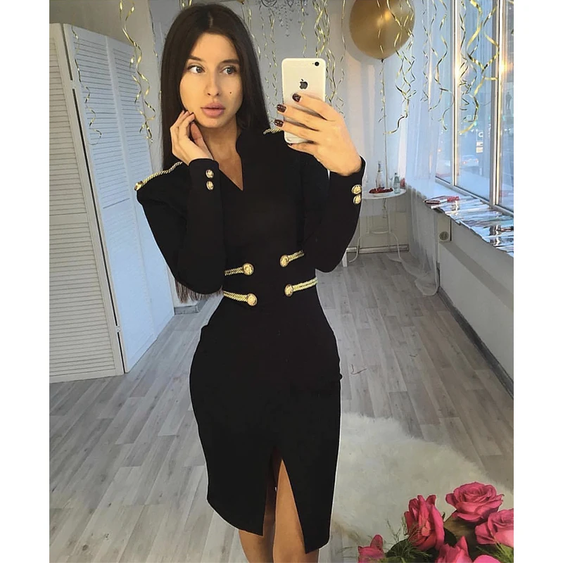 

New Fashion Show Style Collection Black Bandage Long Sleeve Elegant Midi Dress Front Split Wit V Neck Bodycon Hourglass Dresses
