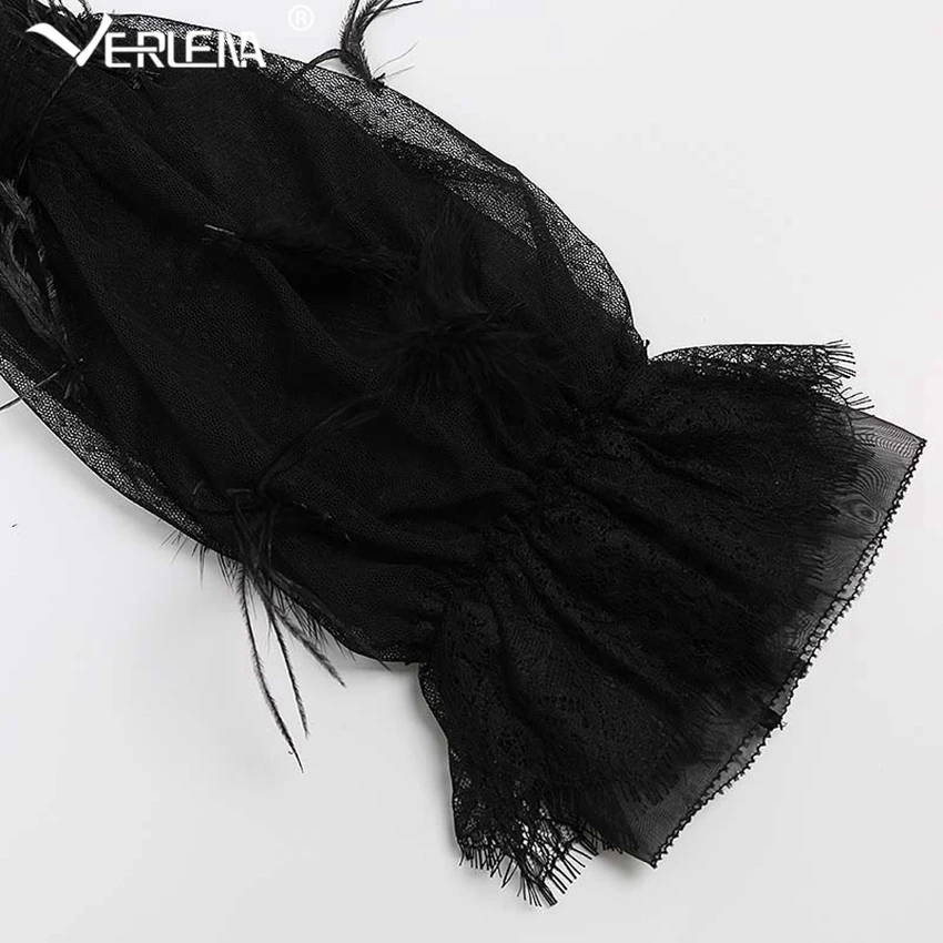Женская блузка с перьями Verlena черная длинными расклешенными рукавами и кружевным