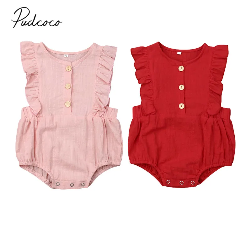 

2019 Baby Summer Clothing Newborn Baby Girl Boys Cotton Bodysuit Ruffles Sleeveless Solid Jumpsuit Clothes Set Outfits Sunsuit
