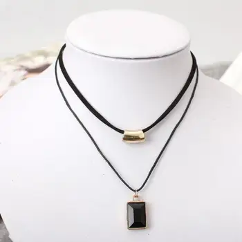 

Foreign Trade New Fashion Simple Necklace, Square Black Imitation Gemstone Jewelry High Quality Crystal Necklace Double