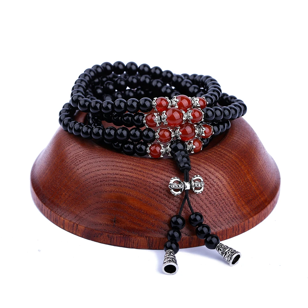 

QIYIGE Black Color Tiger Eye Cuff Crystal Tibet Buddhist Buddha Meditation 108 Prayer Bead Mala Bracelet/Necklace Jewelry Gifts