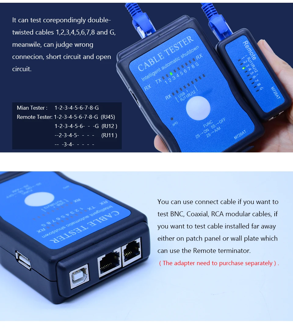 M726AT сетевой кабель тестер LAN USB Ethernet сетевой RJ-45 Cat5 RJ11 Кабельный искатель