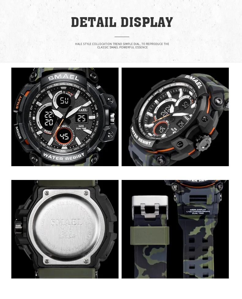 SMAEL часы мужские спортивные часы двойное время камуфляж военные часы мужские армейские светодиодный цифровые наручные часы 50 м водонепроницаемые мужские часы