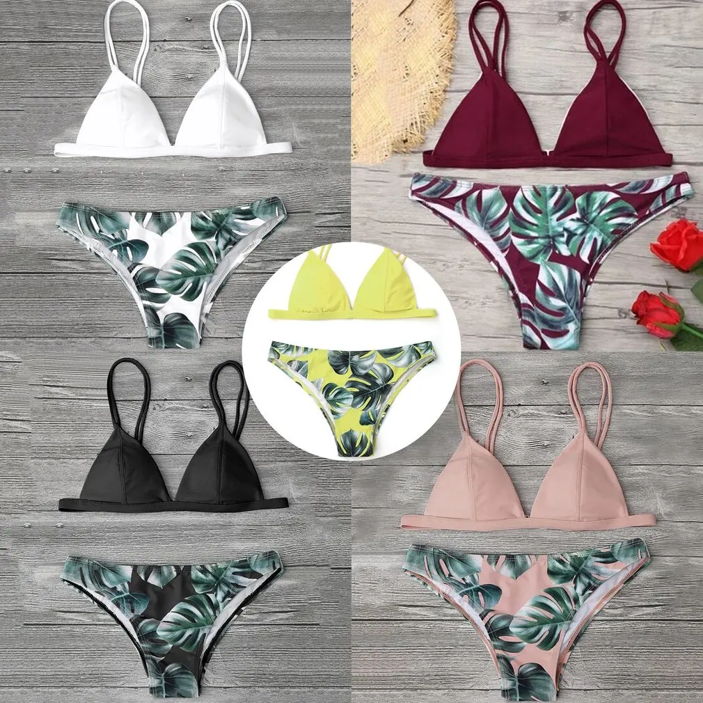 

Sexy Brazilian Bikini Set Swimwear Women Swimsuit Bathing Suit Cami Palm Leaf Print Biquini Swim Suit Maillot De Bain 2018 Hot
