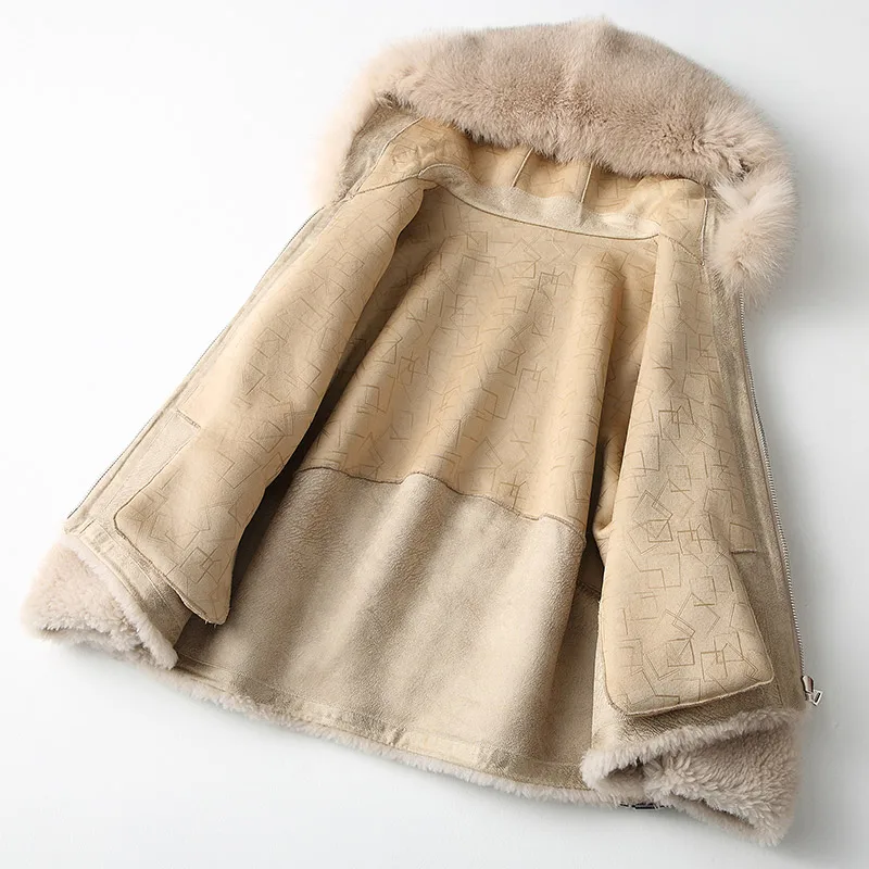 Зимнее пальто, Женское пальто из натурального меха, Овечья овчина, шерстяная куртка, Лисий мех, отделка, капюшон, куртка, теплое пальто, Abrigo Mujer KQN18154 YY408